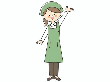案内する女性店員 案内する女性店員 紹介,案内,店員,紹介する,元気,手を振る,手をあげる,挙手,声かけ,呼びかけのイラスト素材