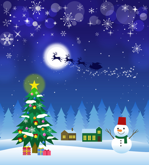 賑やかなクリスマスの夜 クリスマス,クリスマスツリー,クリスマスプレゼント,冬,もみの木,雪だるま,雪の結晶,キラキラ,サンタ,トナカイのイラスト素材