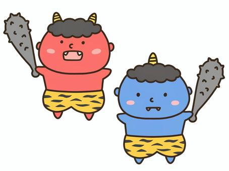 赤鬼・青鬼ペア 鬼,赤鬼,青鬼,節分,２月,冬,カットイラスト,デフォルメ,シンプル,手描きのイラスト素材