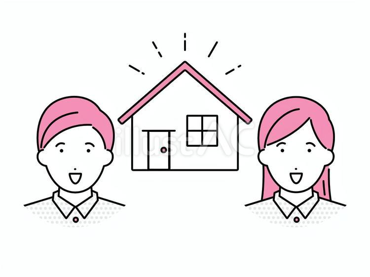 住宅と喜ぶ若い夫婦 家,住宅,マイホームのイラスト素材