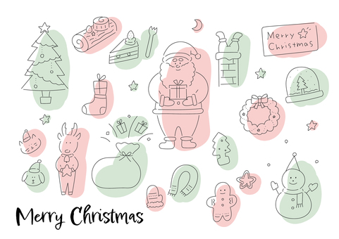 クリスマスの手描き風素材（線画） クリスマス,サンタクロース,冬,12月,トナカイ,雪だるま,クリスマスツリー,プレゼント,袋,靴下のイラスト素材