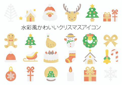 水彩風-かわいいクリスマスアイコンセット 水彩風-かわいいクリスマスアイコンセット 冬,クリスマス,イベント,サンタ,トナカイ,ツリー,家,クリスマスツリー,プレゼント,リボンのイラスト素材