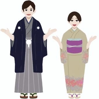 忘年会や新年会でお手を拝借　歓迎ようこそ 女性,男性,着物姿,年末年始,忘年会,新年会,挨拶,袴姿,全身,笑顔のイラスト素材