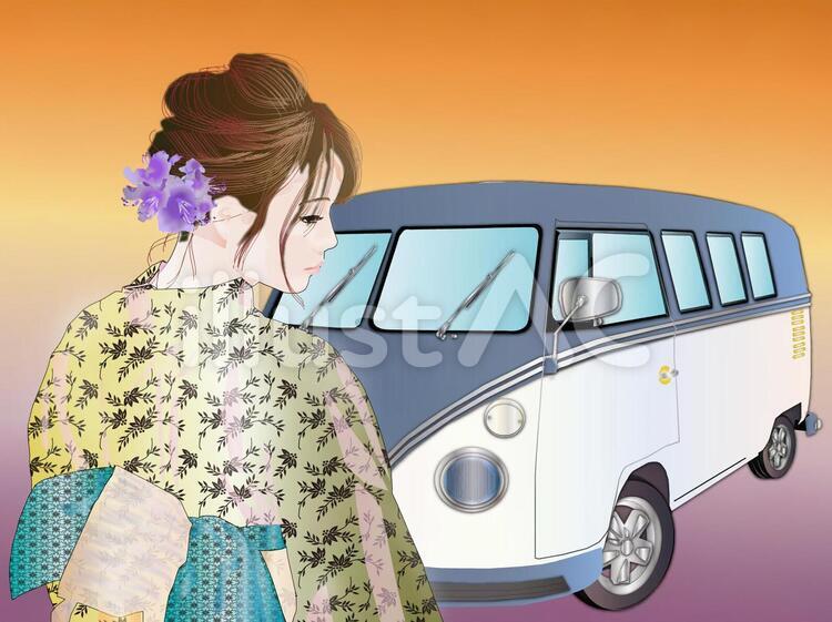 浴衣女性と車０５ 浴衣,女性,イラストのイラスト素材