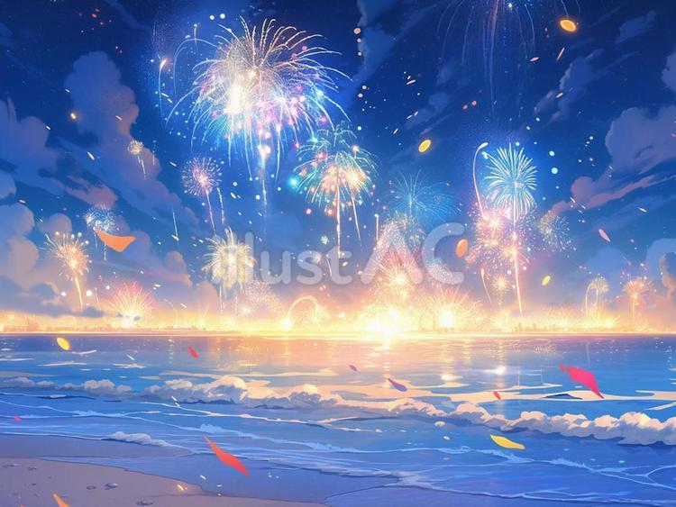 夏の浜辺の打ち上げ花火 花火,夜景,7月のイラスト素材