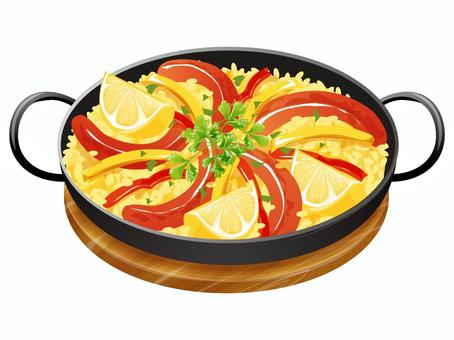 ウィンナーパエリア パエリア,洋食,スペイン,料理,食べ物,ご飯,米,ウィンナー,パプリカ,レモンのイラスト素材