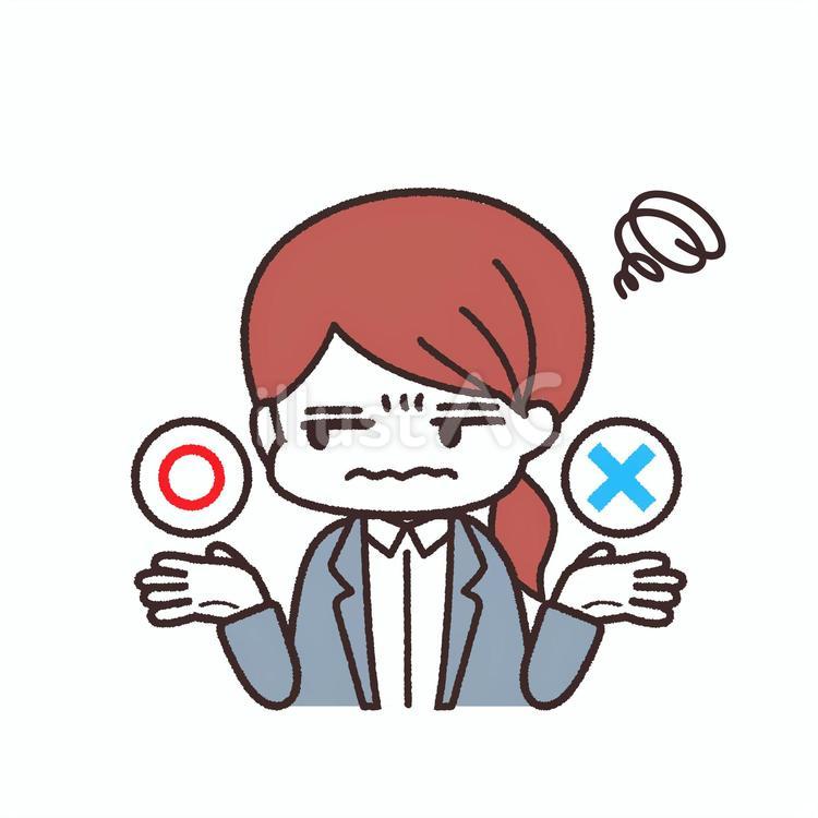 丸とバツを比較して悩むスーツ女性 女性,手書き,手描きのイラスト素材