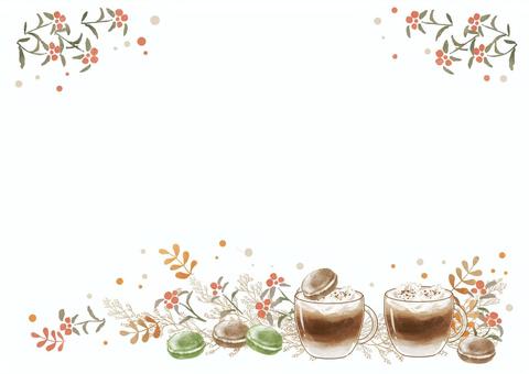 カフェオレフレーム カフェ,コーヒー,カフェオレ,ホットドリンク,ドリンク,マカロン,飲み物,お菓子,スイーツ,おやつのイラスト素材