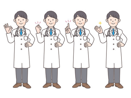お医者さんのポーズセット03_全身 医者,人物,医師,シンプル,ドクター,かわいい,病院,お医者さん,白衣,医療のイラスト素材
