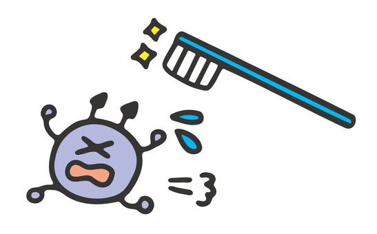 歯ブラシと逃げるバイ菌のイラスト 歯磨き,歯,歯ブラシ,菌,清潔,エチケット,生活習慣,虫歯菌,退治,やっつけるのイラスト素材