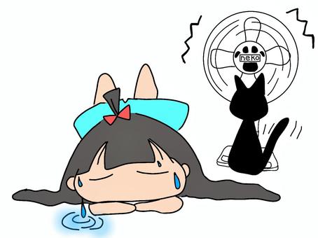 暑いのは　なぜ？ 女の子,黒猫,扇風機,夏,汗だく,風,風量,ダラダラ,暑い,争奪戦のイラスト素材