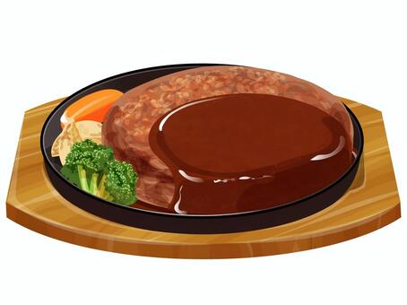 大きなハンバーグ ハンバーグ,洋食,料理,食べ物,肉,ベイクドポテト,にんじん,ブロッコリー,デミグラスソース,鉄板プレートのイラスト素材
