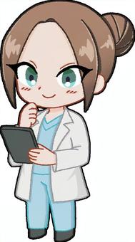 タブレットを持つ医者の女性 女子,女の子,デフォルメ絵,可愛い,萌え系,医者,ドクター,医療,病院,白衣のイラスト素材
