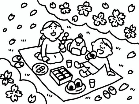 お花見する親子 お花見,桜,桜吹雪,ピクニック,親子,食べる,おにぎり,いなり寿司,三色団子,芝生のイラスト素材