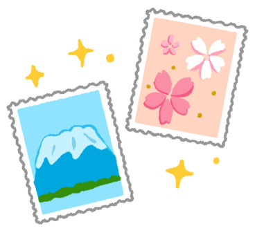 富士山と桜の絵柄の可愛い切手 切手,郵便,日本,富士山,桜,絵柄,二枚,二個,輝く,キラキラのイラスト素材