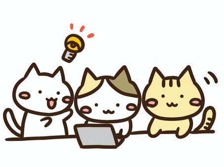 パソコンの前で会議・議論するゆるいねこ達 会議,議論,ねこ,パソコン,オフィス,会社,デスク,仕事,話し合い,かわいいのイラスト素材