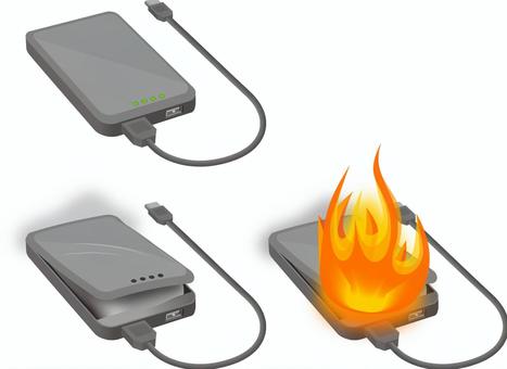 モバイルバッテリーの膨張と発火のイラスト モバイルバッテリー,膨張,発火,火災,モバ充,短絡,ショート,リチウムイオンバッテリー,充電,放電のイラスト素材