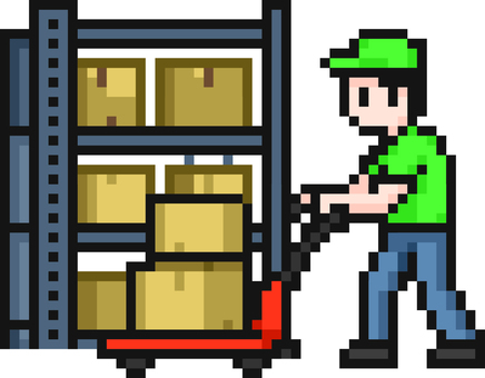 ドット絵の倉庫で働く緑の作業員です。 ドット絵,作業員,シンプル,段ボール,台車,配送,運搬,荷物,引っ越し,倉庫のイラスト素材