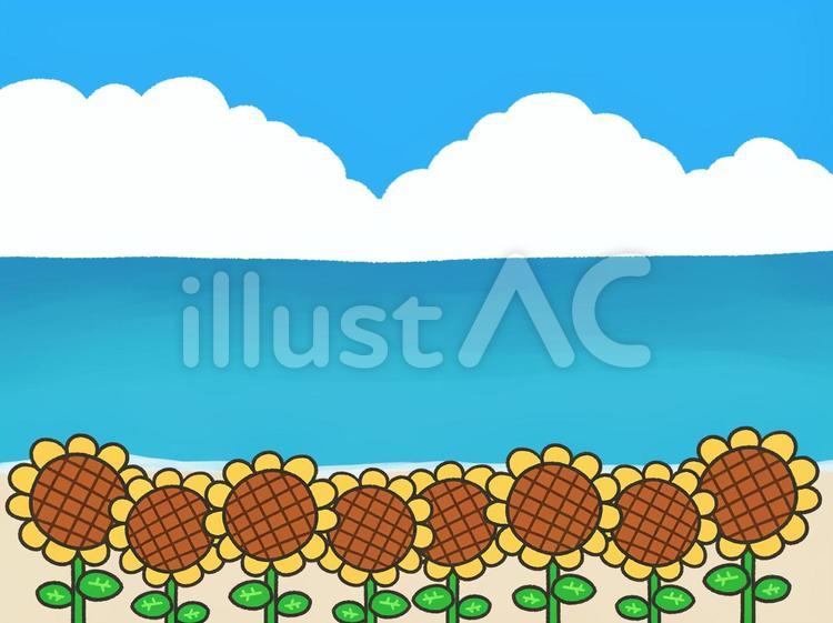 ひまわり畑と海、青空　背景 ひまわり,向日葵,夏のイラスト素材