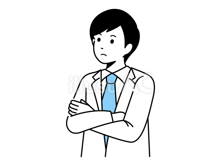 腕組みをして悩んで考えている男性会社員 悩む,困る,男性のイラスト素材