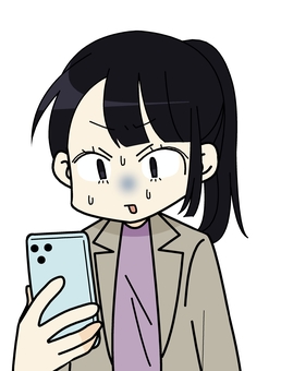 スマホを見て青ざめる女性 人物,青ざめる,ショック,冷や汗,焦る,困惑,驚く,携帯電話,スマホ,スーツのイラスト素材