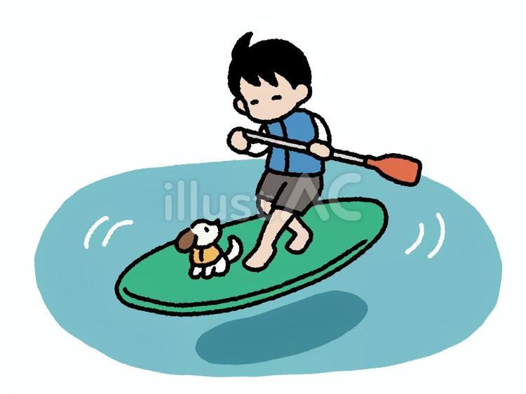 愛犬とsupに乗る少年 sup,乗る,少年のイラスト素材
