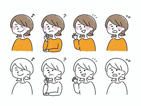 手描き風の女性01 人物,手描き,手書き,女性,シンプル,線画,笑顔,疑問,注目,焦りのイラスト素材