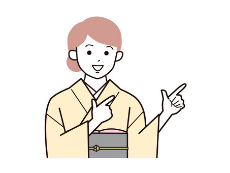 両手で指差しアピールの着物女性A／カラー 両手,指差し,アピール,女性,お母さん,着物,講師,20代,30代,40代のイラスト素材