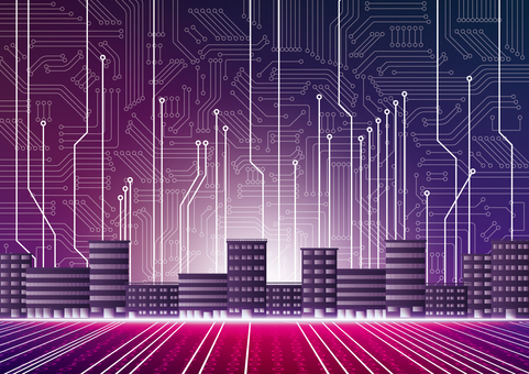 紫色のデジタルと都市のイメージ素材 デジタル,サイバー,テクノロジー,電子回路,都市,ビル,オフィス,スタイリッシュ,紫色,背景のイラスト素材