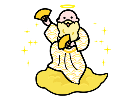 金雲にのった金運の神２ 金運,神様,キラキラ,イラスト,かわいい,ゆるい,手描き,挿絵,雲,扇子のイラスト素材