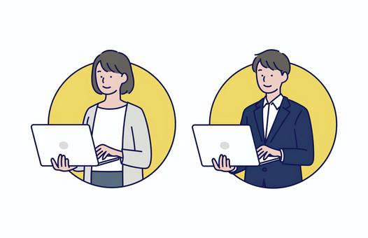 ノートパソコン操作するビジネス男女セット 人物,男女,シンプル,ビジネス,会社員,若い,パソコン,作業,仕事,笑顔のイラスト素材
