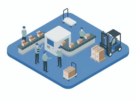 アイソメトリック_工場_ベルトコンベア アイソメトリック,立体,アイソメ,斜め上,倉庫,物流,フォークリフト,ベルトコンベア,出荷準備,在庫管理のイラスト素材