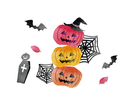 ハロウィンかぼちゃ ハロウィン,かぼちゃ,10月,水彩風,可愛い,蜘蛛の巣,コウモリ,パンプキン,ジャックオランタン,お墓のイラスト素材