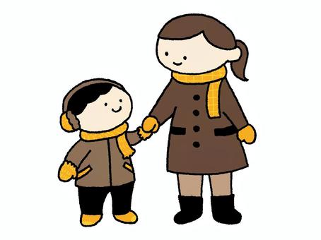 あたたかい服装の男の子とお母さん あたたかい服装の男の子とお母さん 冬,親子,家族,親,幼児,子供,コート,イヤーマフ,マフラー,ブーツのイラスト素材