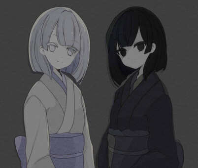 双子 人物,女の子,バストアップ,おかっぱ,黒髪,白髪,双子,着物,帯,和服のイラスト素材