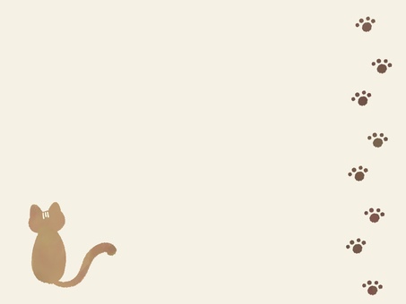 猫と肉球の足跡・手描き水彩の背景フレーム 猫,動物,ペット,哺乳類,足跡,肉球,しっぽ,後ろ姿,背中,座るのイラスト素材