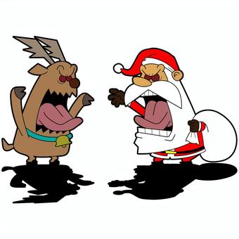 威嚇し合うサンタとトナカイ　影有 サンタ,トナカイ,クリスマス,威嚇,動物,男性,プレゼントのイラスト素材