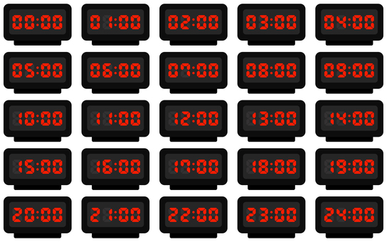 デジタル時計（各時間）赤 デジタル時計,デジタル,時計,置き時計,アラーム,シンプル,素材,アイコン,挿絵,透過のイラスト素材