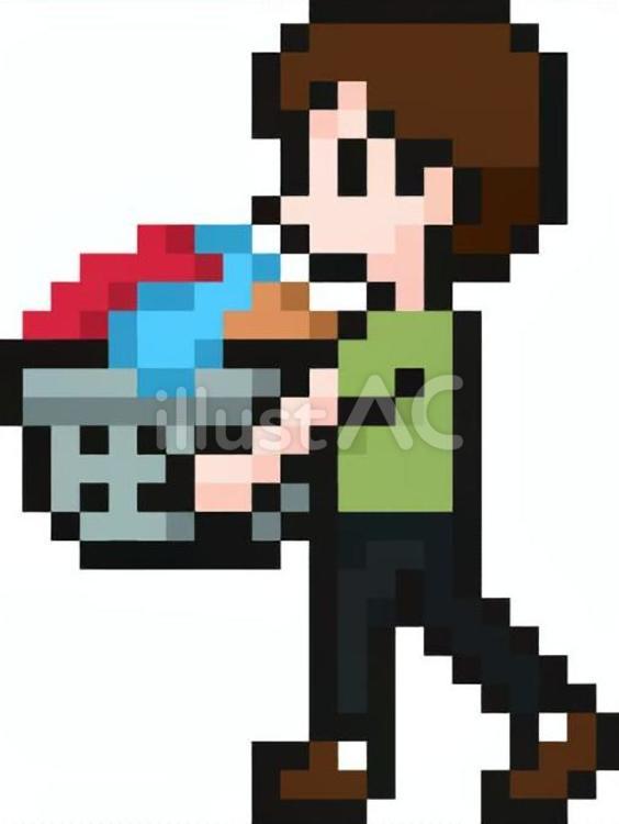 ドット絵の洗濯かごを持つ男性です。 ドット絵,洗濯,かごのイラスト素材