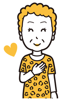  大阪のおばちゃん(黄)-063-バスト 好き,おばちゃん,大阪,ヒョウ柄,おばはん,中年,女性,関西,派手,おばさんのイラスト素材