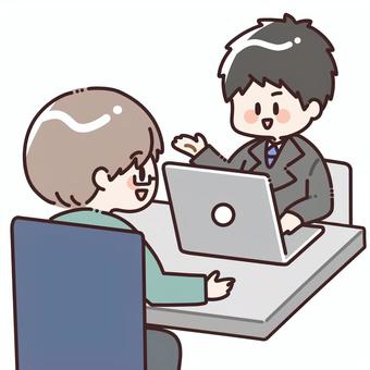 相談する男性と対応する男性 男性,男,窓口,相談,仕事,営業,話す,会話,契約,質問のイラスト素材