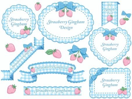 ストロベリーギンガムデザイン blue ギンガムチェック,チェック柄,格子柄,パターン,いちご,リボン,レース,ガーリー,ファンシー,かわいいのイラスト素材