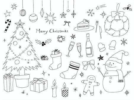 クリスマスセット クリスマス,手描き,かわいい,おしゃれ,白黒,塗り絵,12月,メリークリスマス,雪だるま,クリスマスツリーのイラスト素材