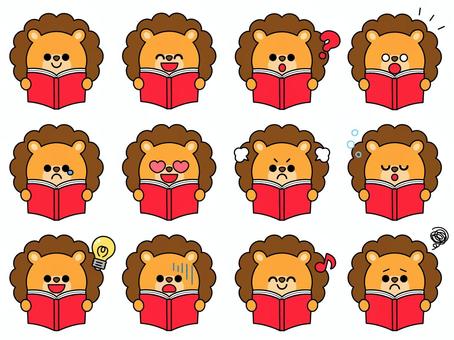 読書をするライオンセット 読書,本,かわいい,動物,ライオン,アイコン,セット,表情,喜怒哀楽,笑顔のイラスト素材