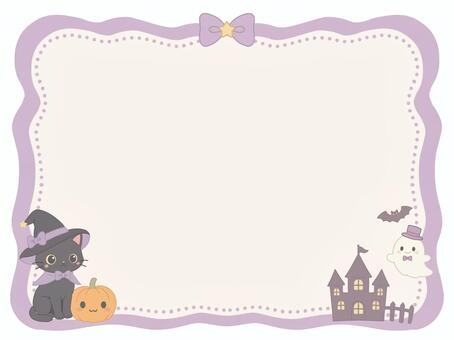 魔女っ子黒猫のハロウィンフレーム ハロウィン,猫,魔女帽子,フレーム,枠,パンプキン,こうもり,リボン,秋,10月のイラスト素材