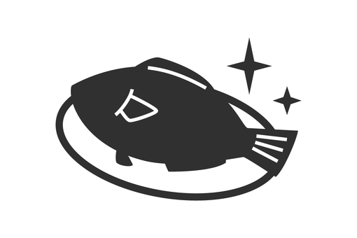 お皿に乗った魚アイコン 魚,皿,アイコン,シンプル,新鮮,キラキラ,料理,煮付け,単色,黒のイラスト素材