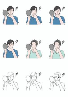 肌が気になり鏡を見る男性のイラストセット 手鏡,男性,ニキビ,吹き出物,ほうれい線,シワ,毛穴,そばかす,クマ,目元のイラスト素材