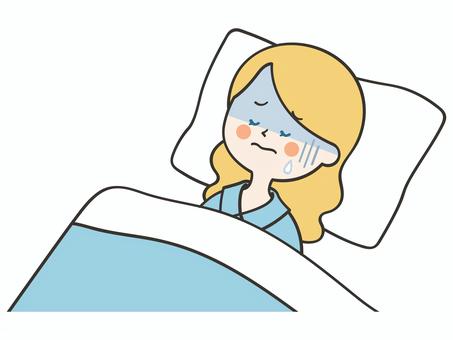 寝苦しい表情の白人女性 女性,外国人,寝苦しい,うなされる,苦しい,しんどい,不調,体調不良,悪夢,不眠のイラスト素材