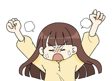 プンプンしてる女性 人物,怒る,プンプン,怒りマーク,赤面,ポーズ,握りこぶし,ロングヘアー,茶髪,両手のイラスト素材