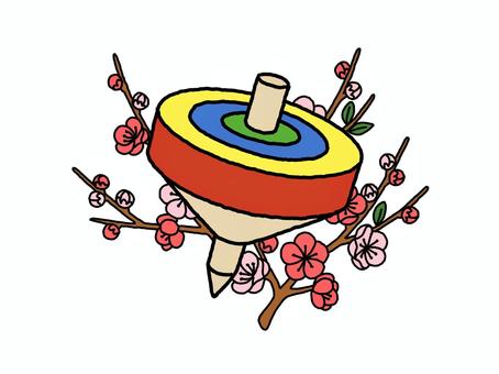 梅の花とカラフルな独楽（コマ） 独楽,梅の花,正月,新年,新春,年賀状,縁起物,お祝い,手描き,シンプルのイラスト素材
